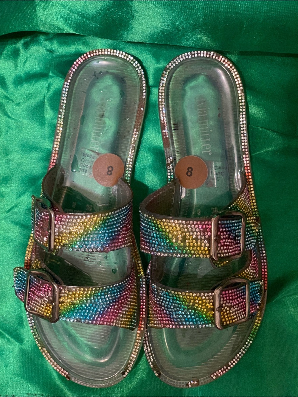 Olivia Miller Rhinestone Double-Buckle Slide Sandals - Multicolor